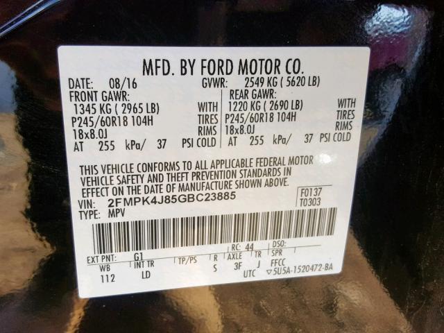 2FMPK4J85GBC23885 - 2016 FORD EDGE SEL BLACK photo 10