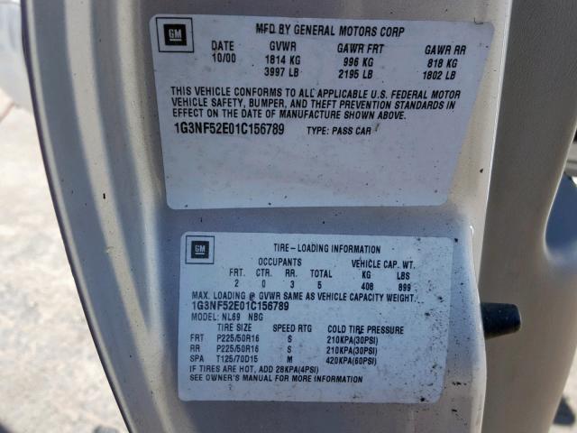 1G3NF52E01C156789 - 2001 OLDSMOBILE ALERO GLS SILVER photo 10