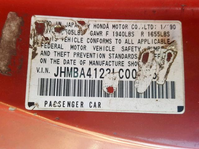 JHMBA4123LC007958 - 1990 HONDA PRELUDE 2. RED photo 10