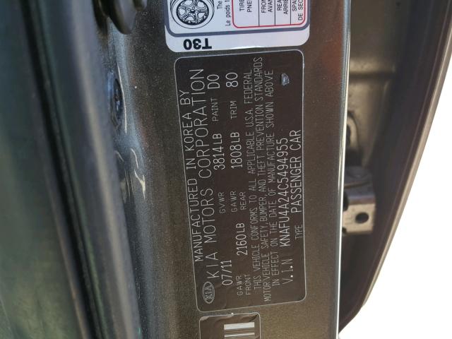 KNAFU4A24C5494955 - 2012 KIA FORTE EX GRAY photo 10