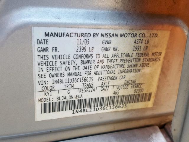 1N4BL11D36C156635 - 2006 NISSAN ALTIMA SE SILVER photo 10