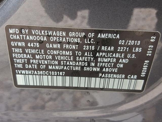 1VWBH7A36DC103167 - 2013 VOLKSWAGEN PASSAT SE GRAY photo 10