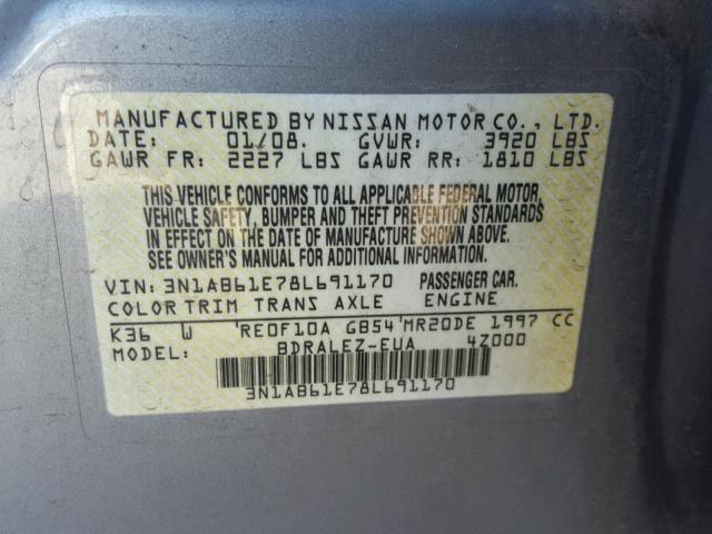 3N1AB61E78L691170 - 2008 NISSAN SENTRA 2.0 CHARCOAL photo 10