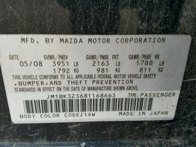 JM1BK323681168663 - 2008 MAZDA 3 S BLACK photo 10