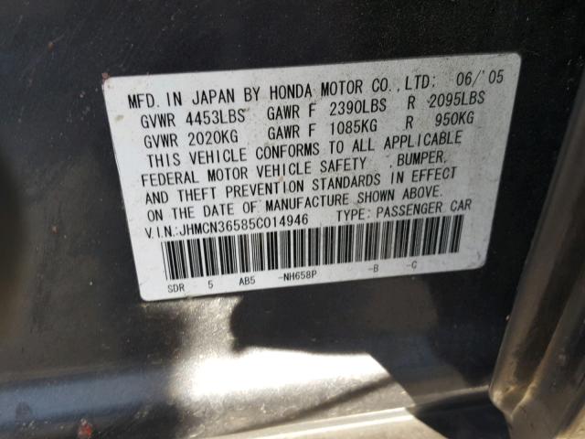 JHMCN36585C014946 - 2005 HONDA ACCORD HYB GRAY photo 10