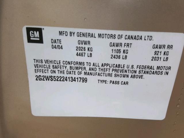 2G2WS522241341799 - 2004 PONTIAC GRAND PRIX GOLD photo 10