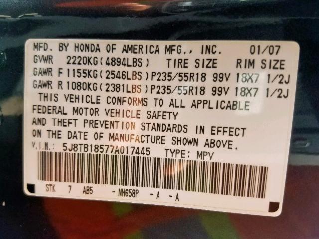 5J8TB18577A017445 - 2007 ACURA RDX TECHNO GRAY photo 10