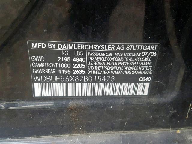 WDBUF56X87B015473 - 2007 MERCEDES-BENZ E 350 BLACK photo 10