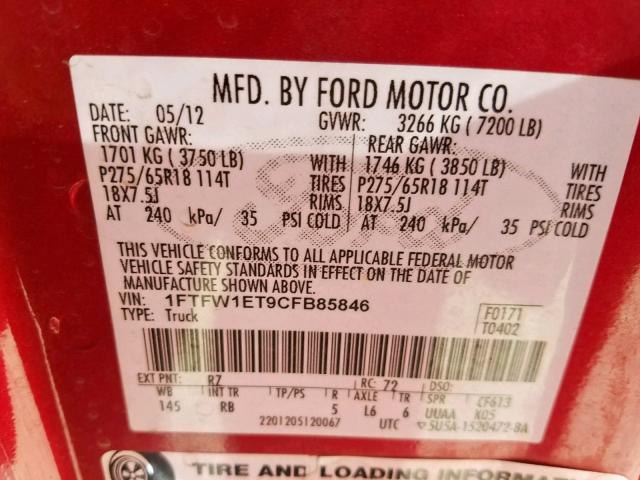 1FTFW1ET9CFB85846 - 2012 FORD F150 SUPER RED photo 10