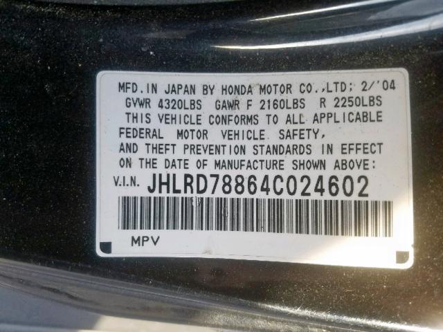 JHLRD78864C024602 - 2004 HONDA CR-V EX BLACK photo 10