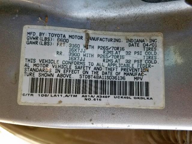 5TDBT48A11S036136 - 2001 TOYOTA SEQUOIA LI GRAY photo 10