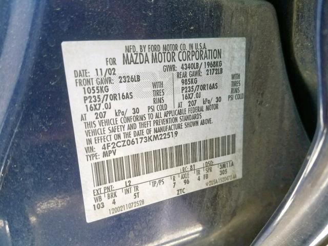 4F2CZ06173KM22519 - 2003 MAZDA TRIBUTE ES 蓝色 照片 10