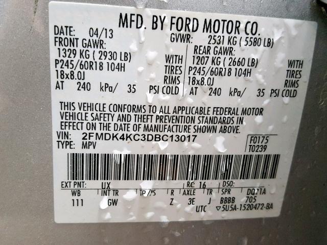 2FMDK4KC3DBC13017 - 2013 FORD EDGE LIMIT SILVER photo 10