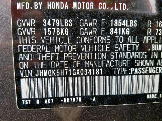 JHMGK5H71GX034181 - 2016 HONDA FIT EX BLACK photo 10