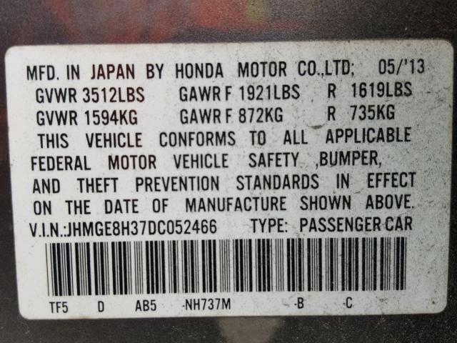 JHMGE8H37DC052466 - 2013 HONDA FIT GRAY photo 10