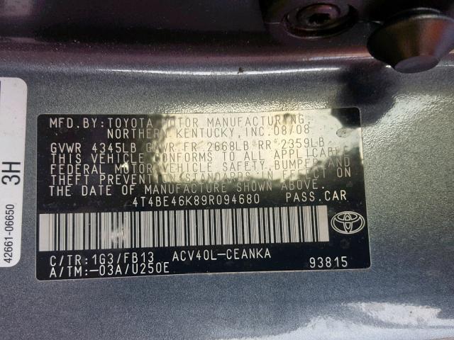 4T4BE46K89R094680 - 2009 TOYOTA CAMRY BASE GRAY photo 10