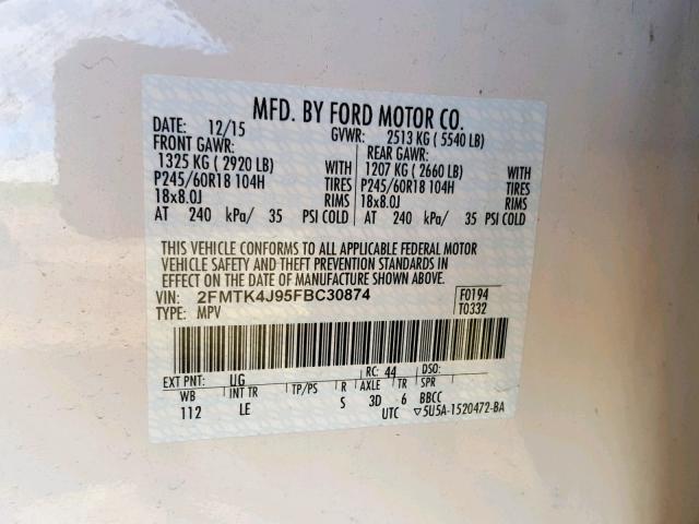 2FMTK4J95FBC30874 - 2015 FORD EDGE SEL WHITE photo 10