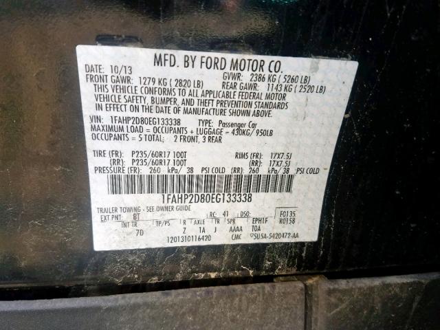 1FAHP2D80EG133338 - 2014 FORD TAURUS SE BLACK photo 10