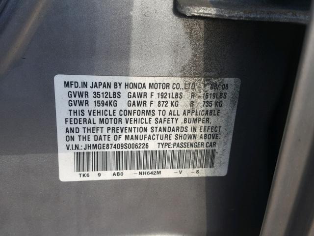 JHMGE87409S006226 - 2009 HONDA FIT SPORT SILVER photo 10