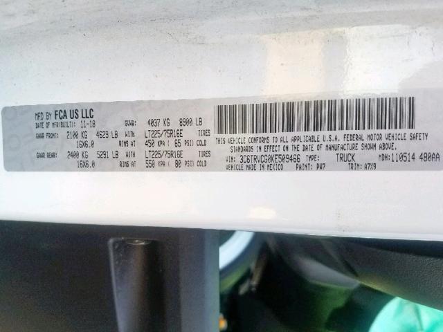 3C6TRVCG0KE509466 - 2019 RAM PROMASTER 白色 照片 10