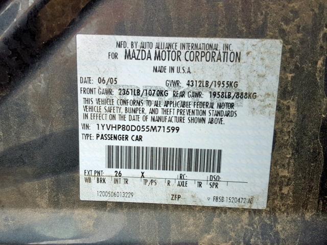 1YVHP80D055M71599 - 2005 MAZDA 6 S GRAY photo 10