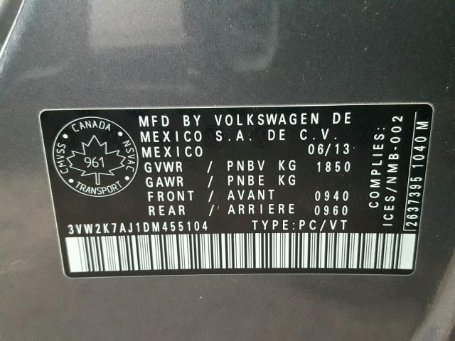 3VW2K7AJ1DM455104 - 2013 VOLKSWAGEN JETTA BASE BLACK photo 10