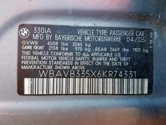 WBAVB335X6KR74331 - 2006 BMW 330 I GRAY photo 10