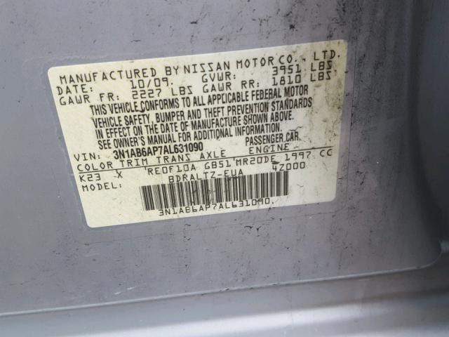 3N1AB6AP7AL631090 - 2010 NISSAN SENTRA 2.0 SILVER photo 10