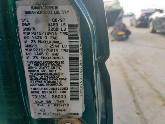 1N6SD16S2VC422253 - 1997 NISSAN TRUCK KING GREEN photo 10