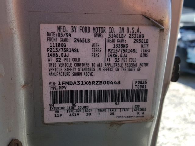 1FMDA31X6RZB00443 - 1994 FORD AEROSTAR GRAY photo 10