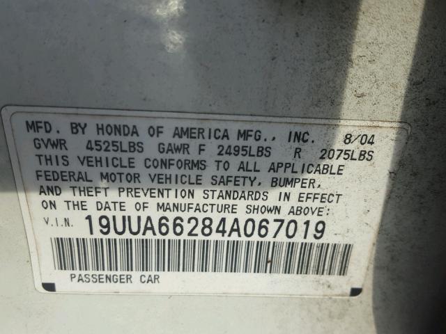 19UUA66284A067019 - 2004 ACURA TL WHITE photo 10