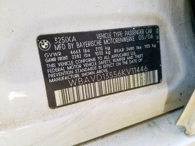 WBAVD13556KV11446 - 2006 BMW 325 XI WHITE photo 10