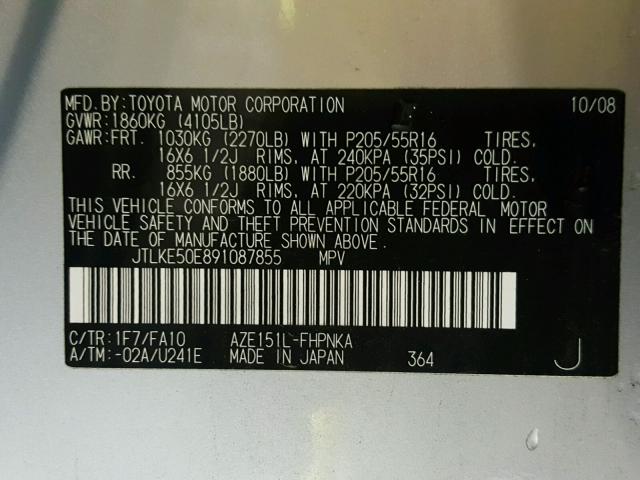 JTLKE50E891087855 - 2009 TOYOTA SCION XB Gümüş foto 10