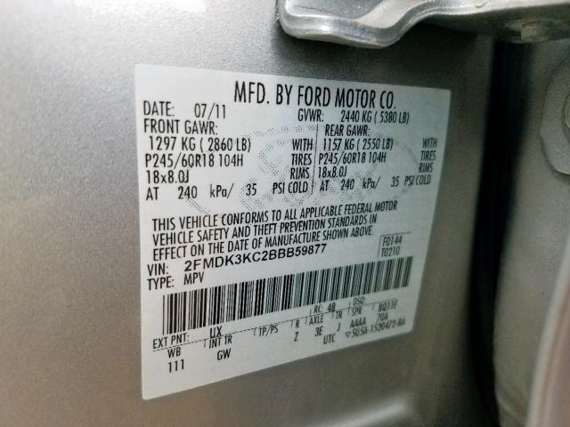 2FMDK3KC2BBB59877 - 2011 FORD EDGE LIMIT SILVER photo 10