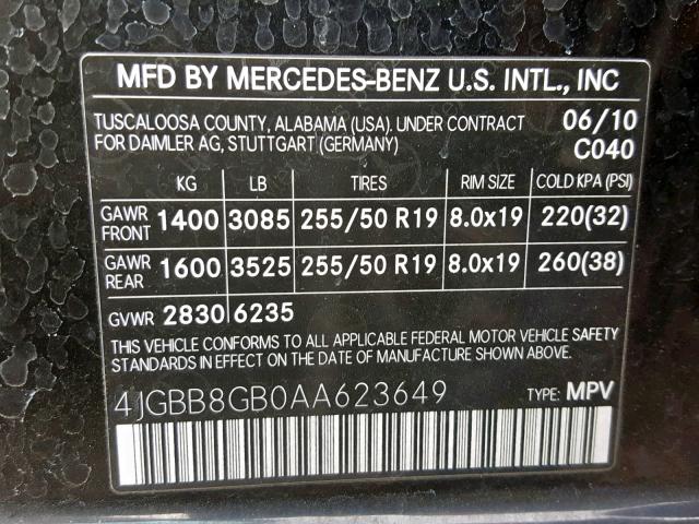 4JGBB8GB0AA623649 - 2010 MERCEDES-BENZ ML 350 4MA BLACK photo 10