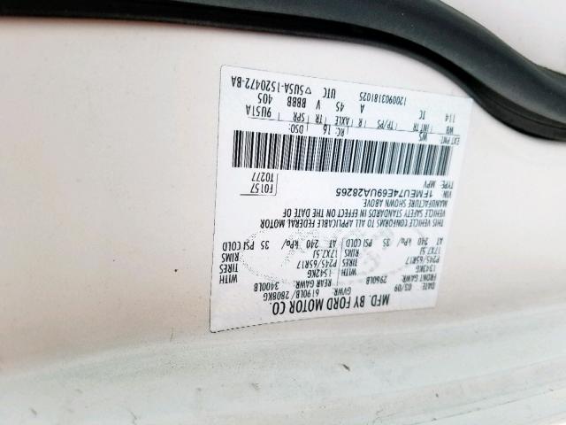 1FMEU74E69UA28265 - 2009 FORD EXPLORER E WHITE photo 10