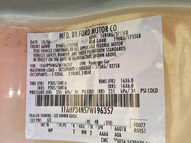 1FAHP34N57W196357 - 2007 FORD FOCUS ZX4 GOLD photo 10