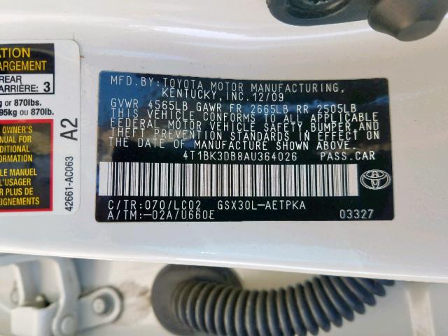 4T1BK3DB8AU364026 - 2010 TOYOTA AVALON XL WHITE photo 10