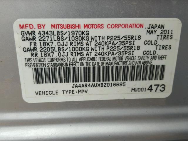 JA4AR4AUXBZ016685 - 2011 MITSUBISHI OUTLANDER SILVER photo 10