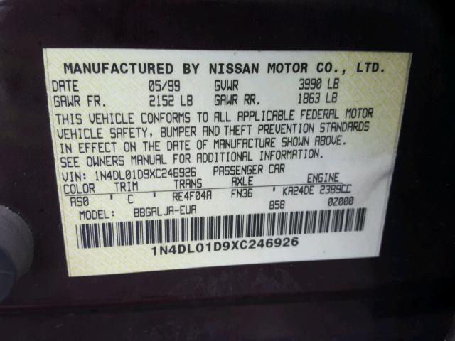 1N4DL01D9XC246926 - 1999 NISSAN ALTIMA XE MAROON photo 10