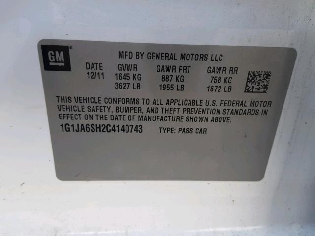 1G1JA6SH2C4140743 - 2012 CHEVROLET SONIC LS WHITE photo 10