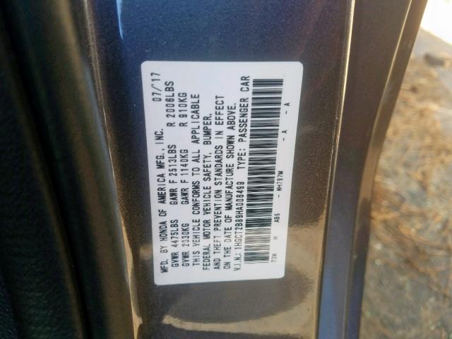 1HGCT2B89HA006499 - 2017 HONDA ACCORD EXL GRAY photo 10