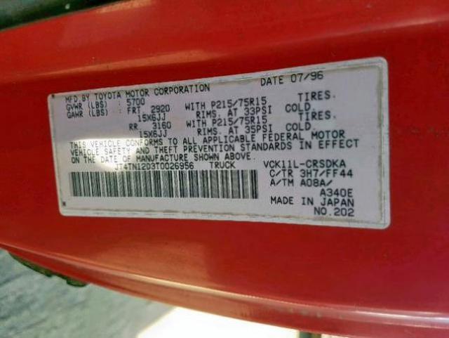 JT4TN12D3T0026956 - 1996 TOYOTA T100 XTRAC RED photo 10