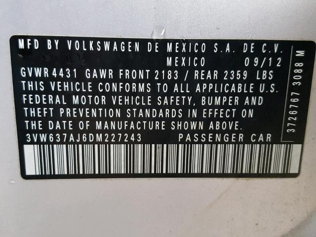 3VW637AJ6DM227243 - 2013 VOLKSWAGEN JETTA HYBR SILVER photo 10