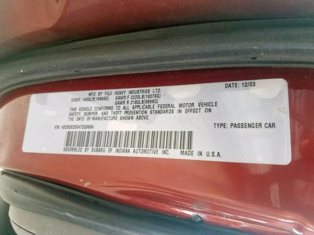 4S3BE625X47209684 - 2004 SUBARU LEGACY L S RED photo 10