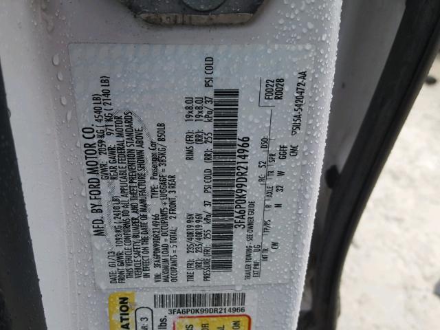 3FA6P0K99DR214966 - 2013 FORD FUSION TIT WHITE photo 10