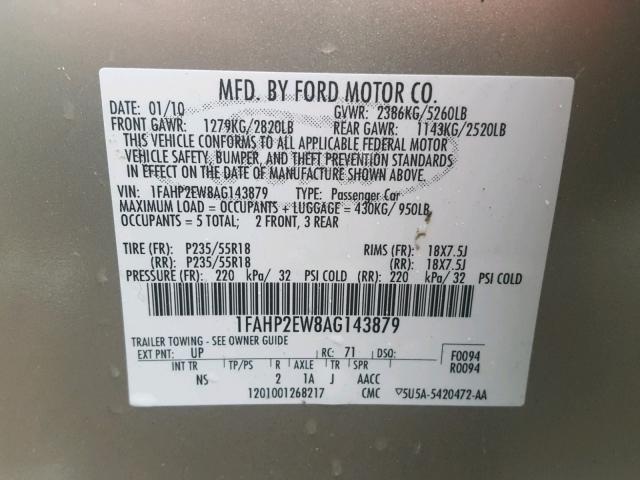 1FAHP2EW8AG143879 - 2010 FORD TAURUS SEL GOLD photo 10