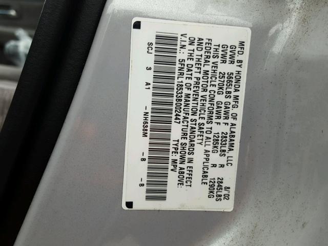 5FNRL18533B002447 - 2003 HONDA ODYSSEY LX SILVER photo 10