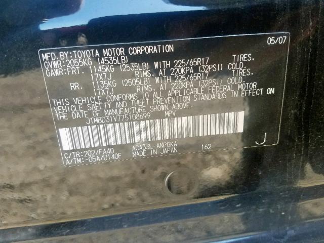 JTMBD31V775108699 - 2007 TOYOTA RAV4 LIMIT BLACK photo 10