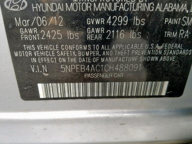 5NPEB4AC1CH488091 - 2012 HYUNDAI SONATA GLS SILVER photo 10